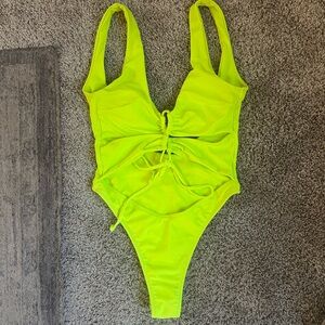 Neon green yellow one piece backless, cheeky, bathing suit